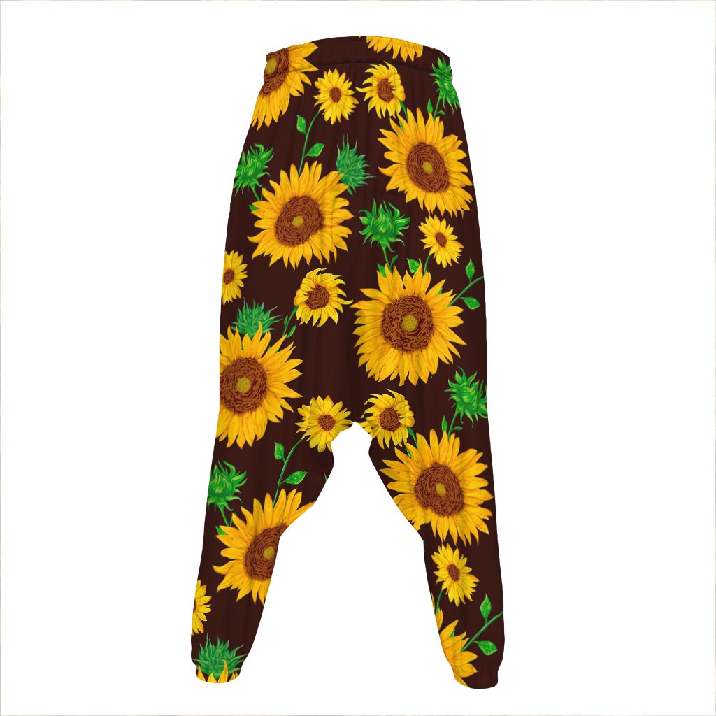 Brown Sunflower Pattern Print Hammer Pants