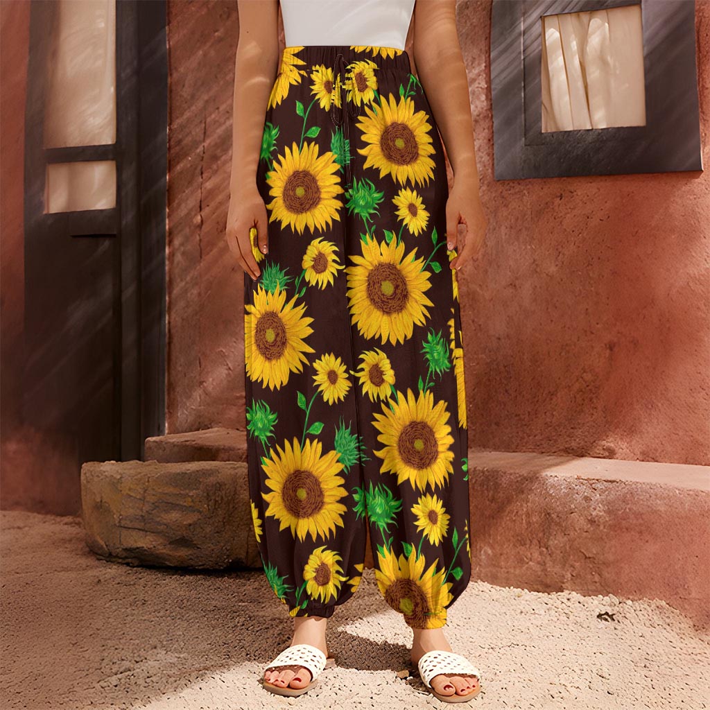 Brown Sunflower Pattern Print Harem Pants