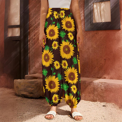 Brown Sunflower Pattern Print Harem Pants