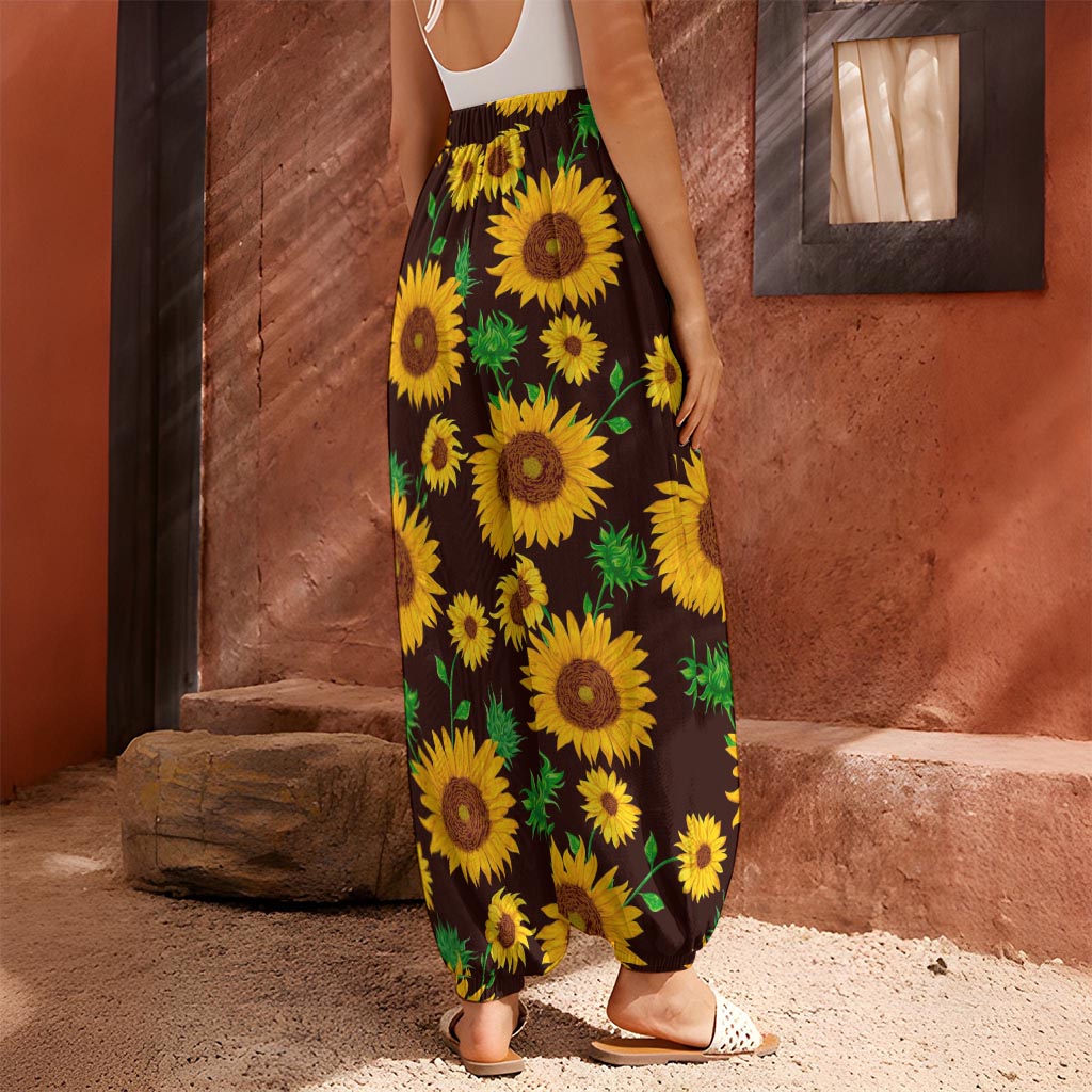 Brown Sunflower Pattern Print Harem Pants