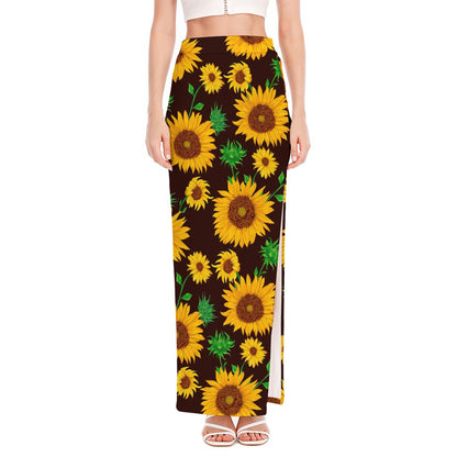 Brown Sunflower Pattern Print High Slit Maxi Skirt