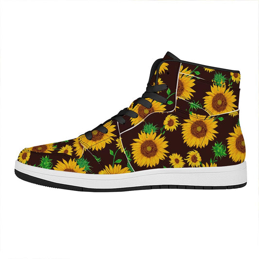 Brown Sunflower Pattern Print High Top Leather Sneakers