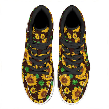 Brown Sunflower Pattern Print High Top Leather Sneakers