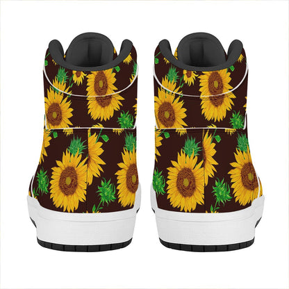 Brown Sunflower Pattern Print High Top Leather Sneakers