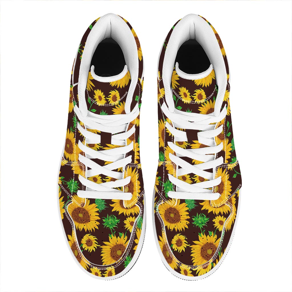 Brown Sunflower Pattern Print High Top Leather Sneakers