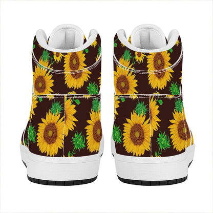 Brown Sunflower Pattern Print High Top Leather Sneakers