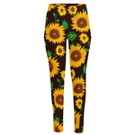Brown Sunflower Pattern Print High-Waisted Pocket Leggings