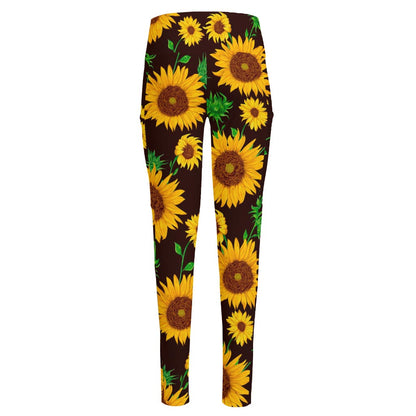 Brown Sunflower Pattern Print High-Waisted Pocket Leggings