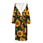 Brown Sunflower Pattern Print Hooded Bathrobe