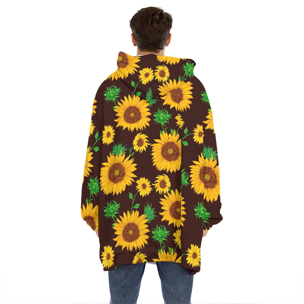 Brown Sunflower Pattern Print Hoodie Blanket