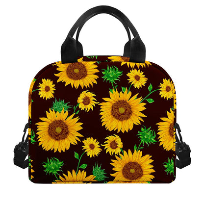 Brown Sunflower Pattern Print Insulated Lunch Bag