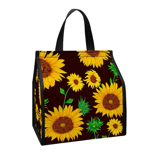 Brown Sunflower Pattern Print Insulated Lunch Tote