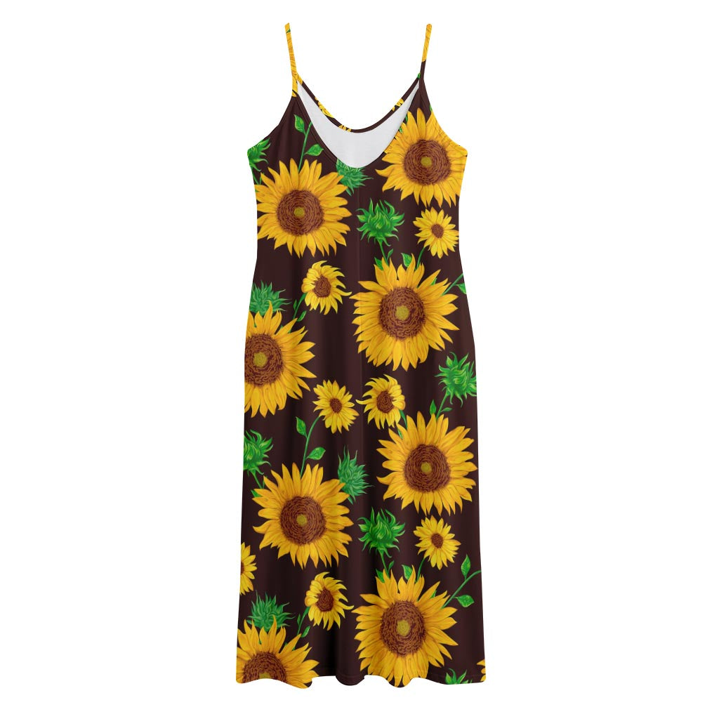 Brown Sunflower Pattern Print Jersey Midi Cami Dress