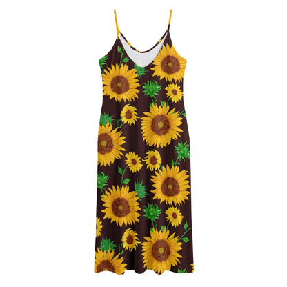Brown Sunflower Pattern Print Jersey Midi Cami Dress
