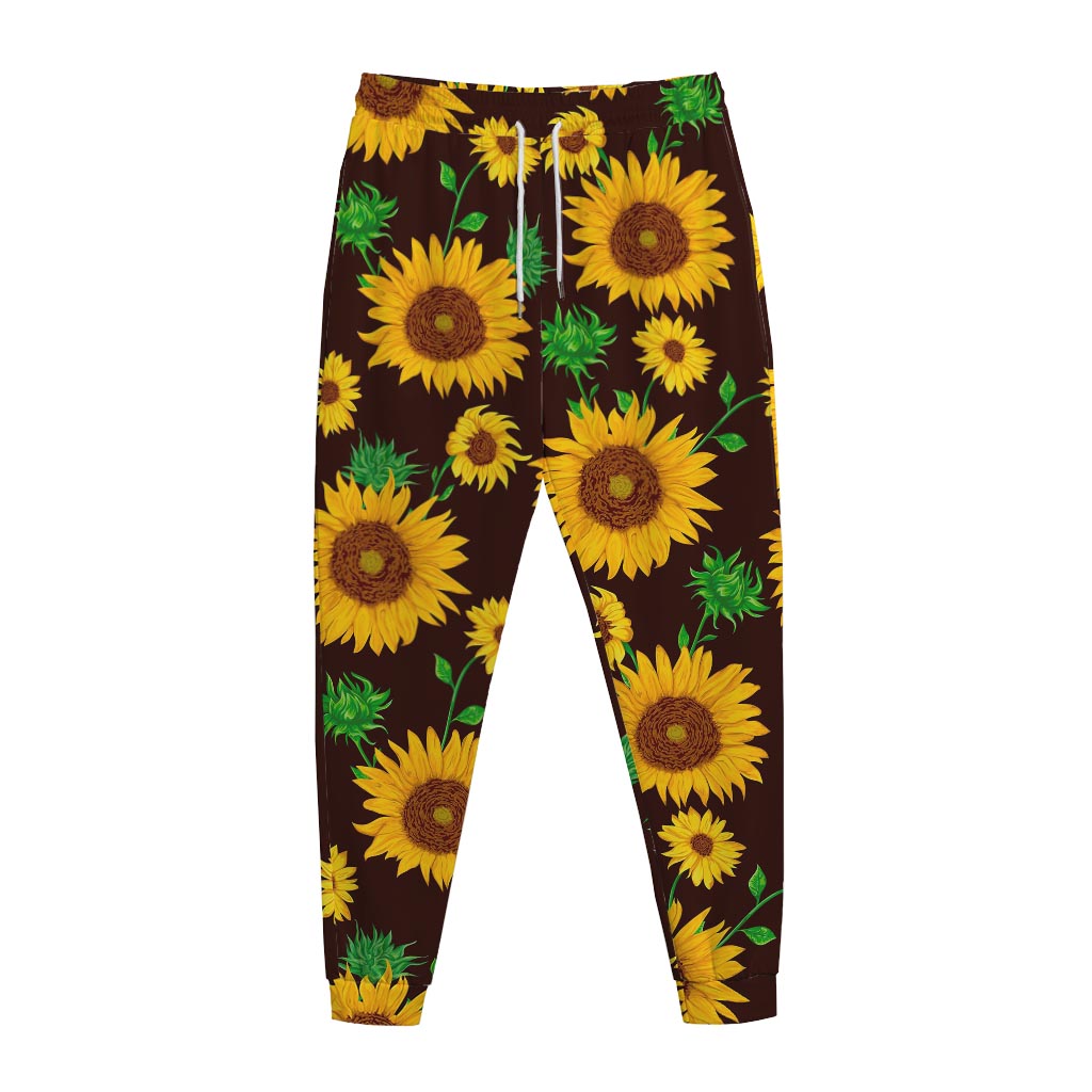 Brown Sunflower Pattern Print Jogger Pants