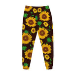 Brown Sunflower Pattern Print Jogger Pants