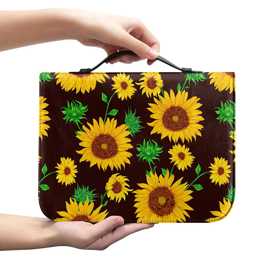 Brown Sunflower Pattern Print Leather Bible Cover