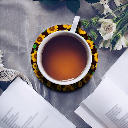 Brown Sunflower Pattern Print Leather Coaster Set