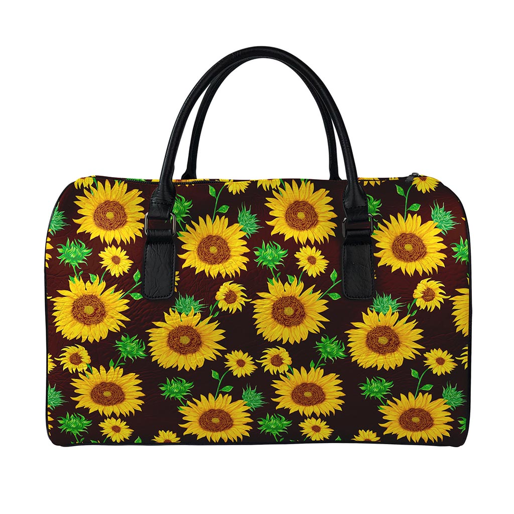 Brown Sunflower Pattern Print Leather Duffle Bag