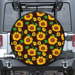 Brown Sunflower Pattern Print Leather Spare Tire Cover