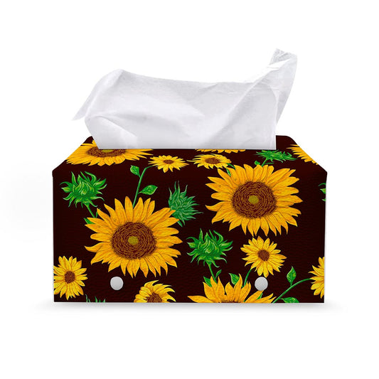 Brown Sunflower Pattern Print Leather Tissue Box Cover