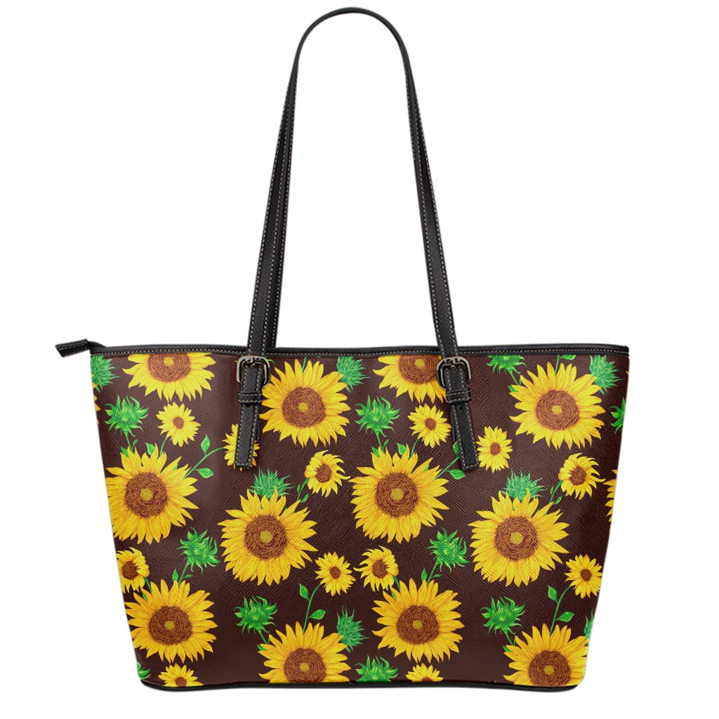 Brown Sunflower Pattern Print Leather Tote Bag