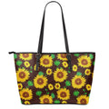 Brown Sunflower Pattern Print Leather Tote Bag With Zipper