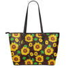 Brown Sunflower Pattern Print Leather Tote Bag