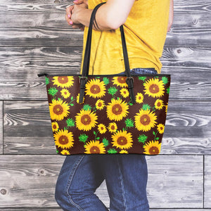 Brown Sunflower Pattern Print Leather Tote Bag