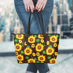 Brown Sunflower Pattern Print Leather Tote Bag