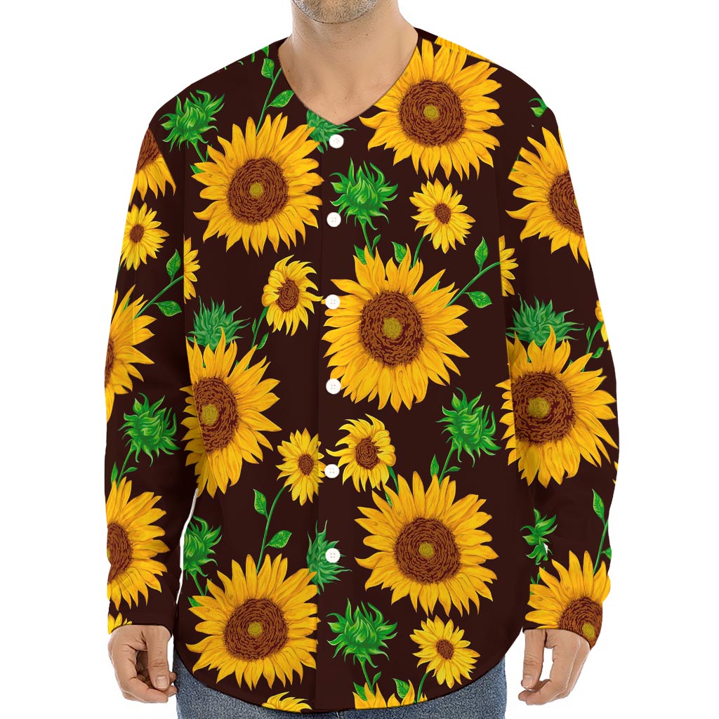 Brown Sunflower Pattern Print Long Sleeve Baseball Jersey