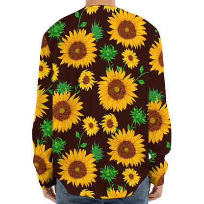Brown Sunflower Pattern Print Long Sleeve Baseball Jersey