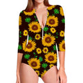 Brown Sunflower Pattern Print Long Sleeve Swimsuit