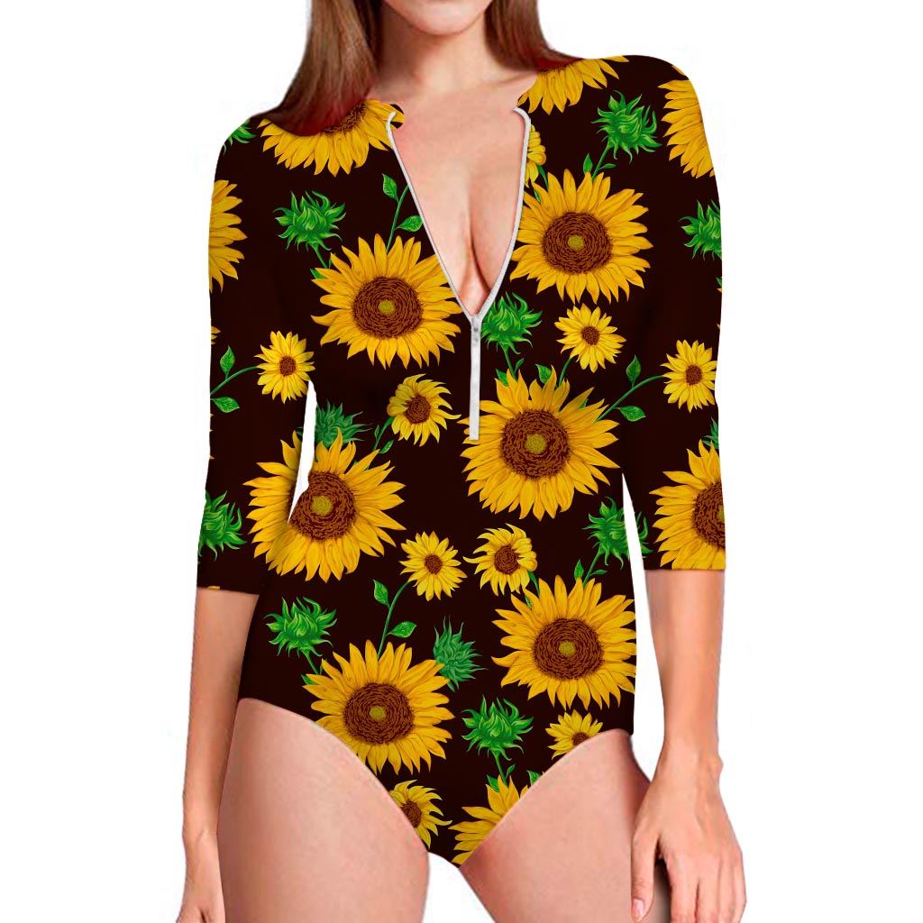 Brown Sunflower Pattern Print Long Sleeve Swimsuit