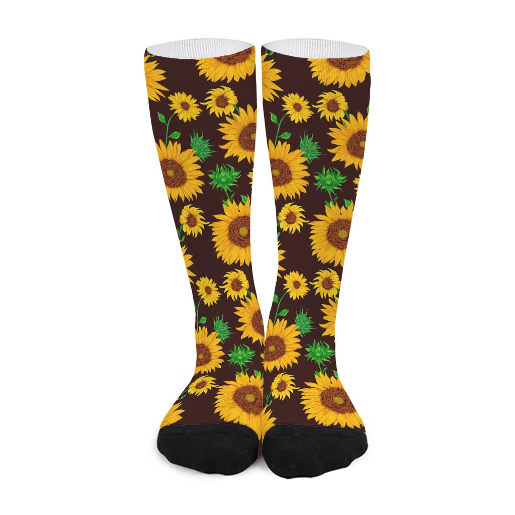 Brown Sunflower Pattern Print Long Socks