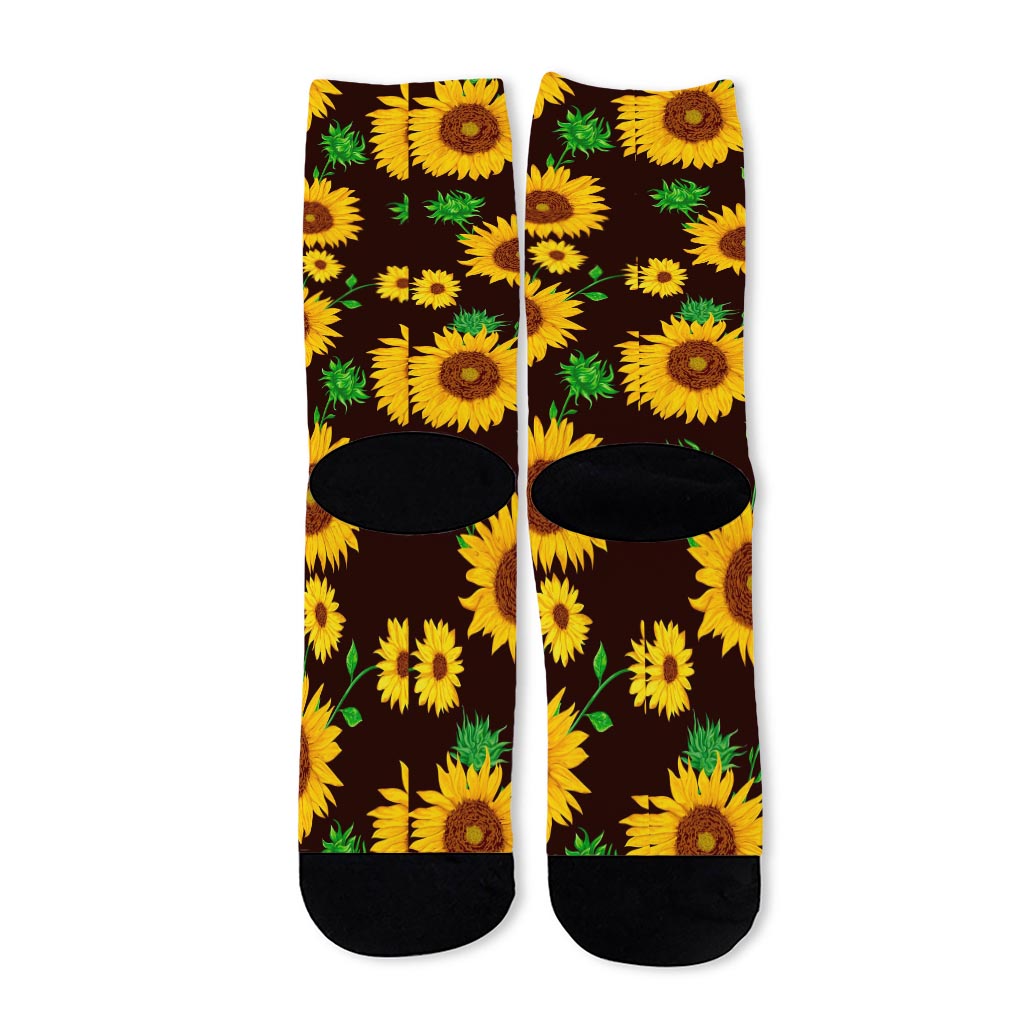 Brown Sunflower Pattern Print Long Socks