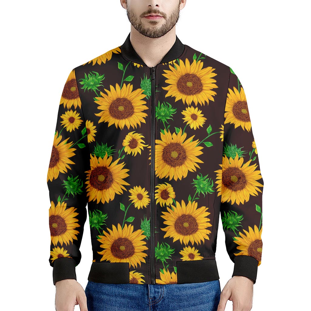 Brown Sunflower Pattern Print Men's Bomber Jacket