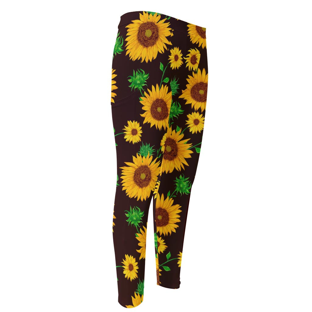 Brown Sunflower Pattern Print Men's Compression Pants