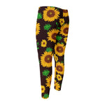 Brown Sunflower Pattern Print Men's Compression Pants