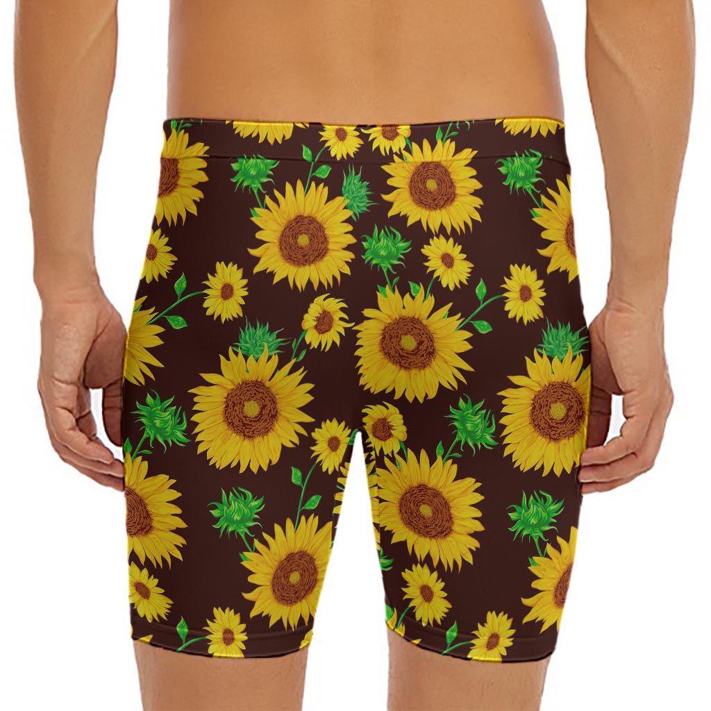 Brown Sunflower Pattern Print Men's Long Boxer Briefs