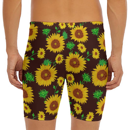 Brown Sunflower Pattern Print Men's Long Boxer Briefs