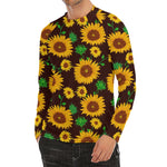 Brown Sunflower Pattern Print Men's Long Sleeve Rash Guard
