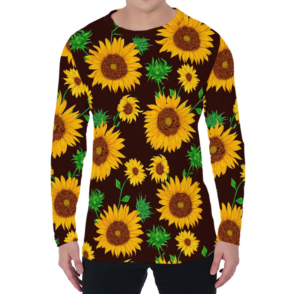 Brown Sunflower Pattern Print Men's Long Sleeve T-Shirt