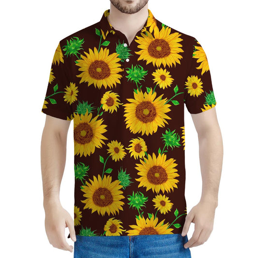Brown Sunflower Pattern Print Men's Polo Shirt
