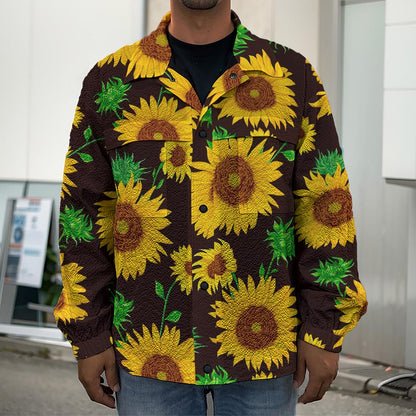 Brown Sunflower Pattern Print Men's Shirt Jacket