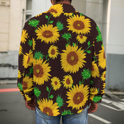 Brown Sunflower Pattern Print Men's Shirt Jacket