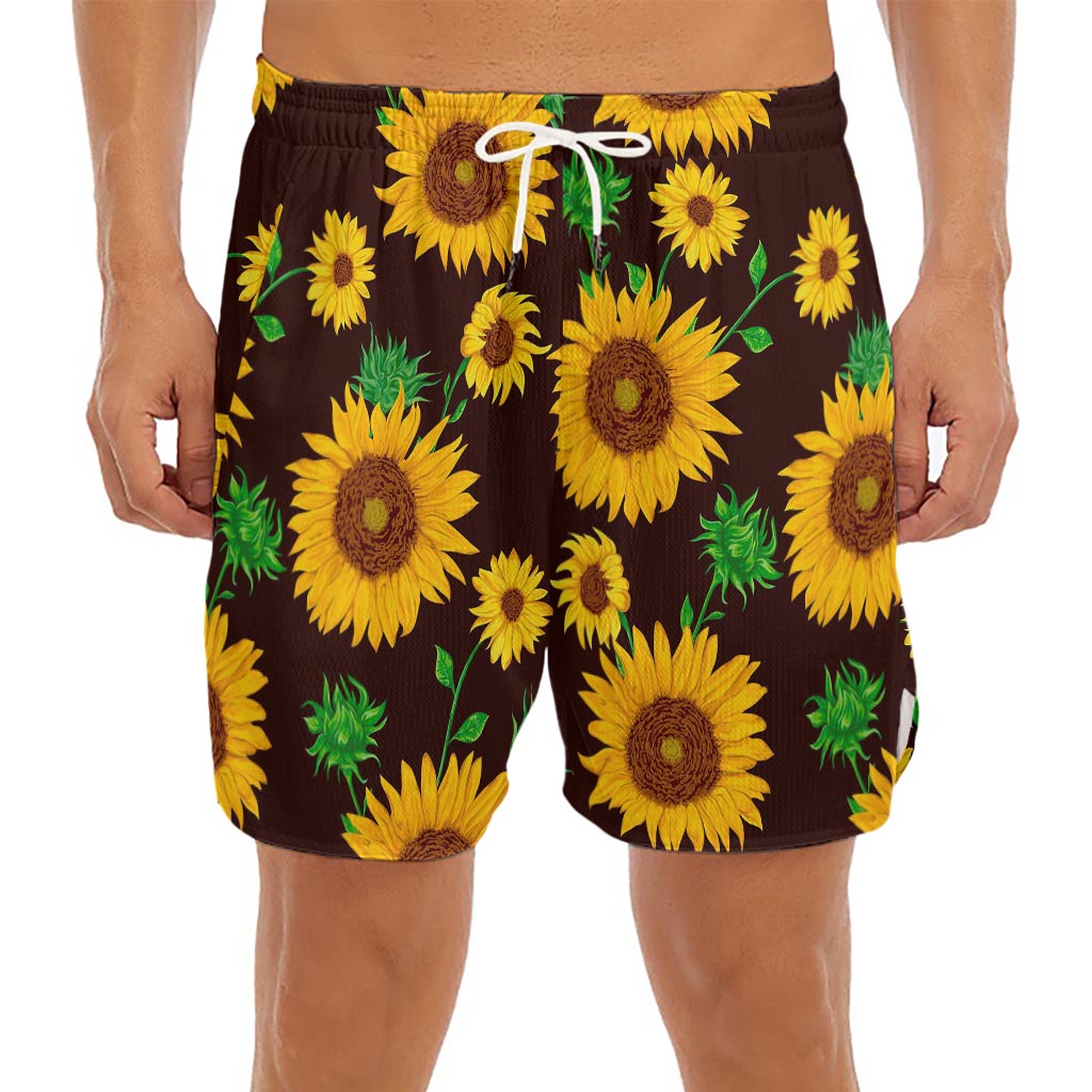 Brown Sunflower Pattern Print Men's Split Running Shorts