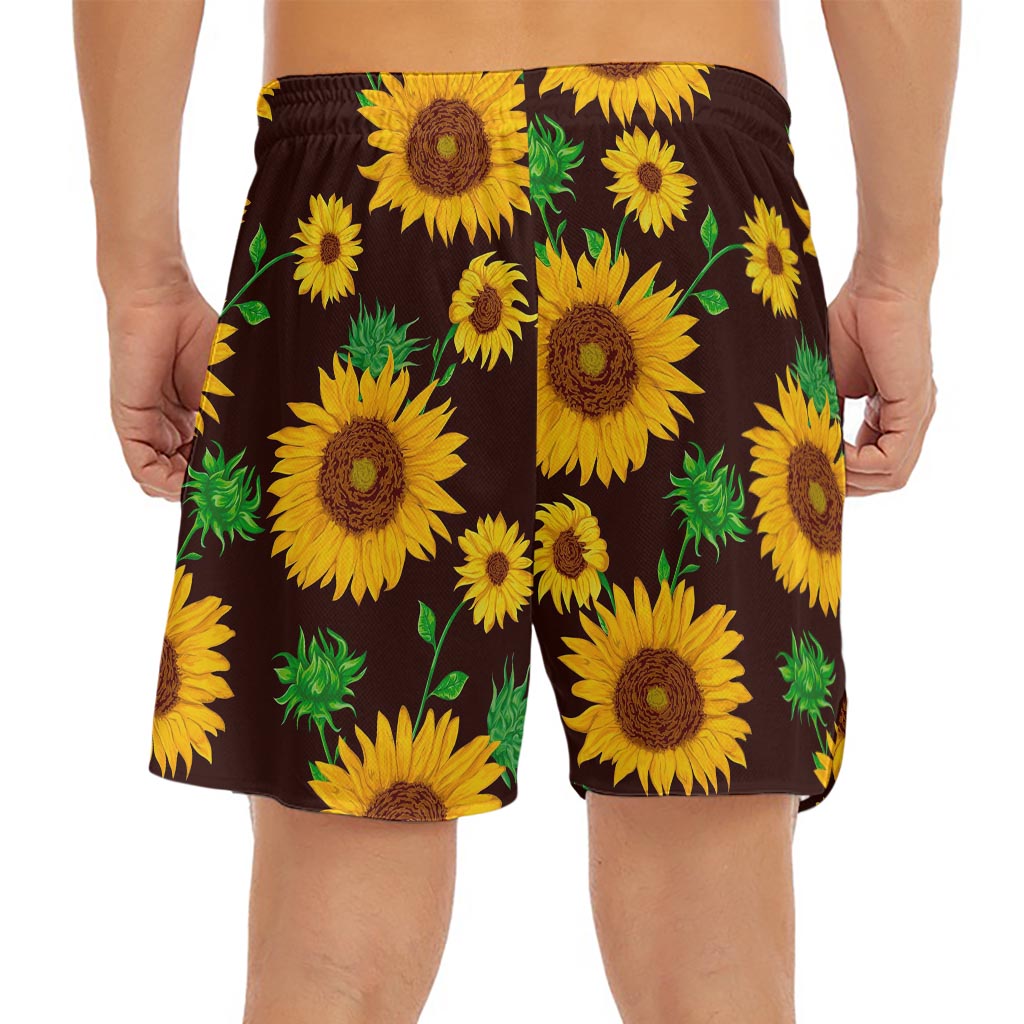 Brown Sunflower Pattern Print Men's Split Running Shorts