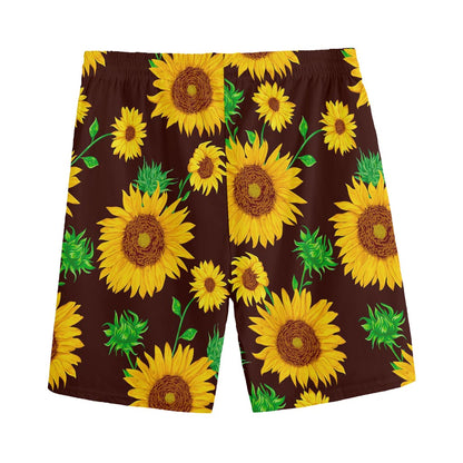 Brown Sunflower Pattern Print Men's Sports Shorts