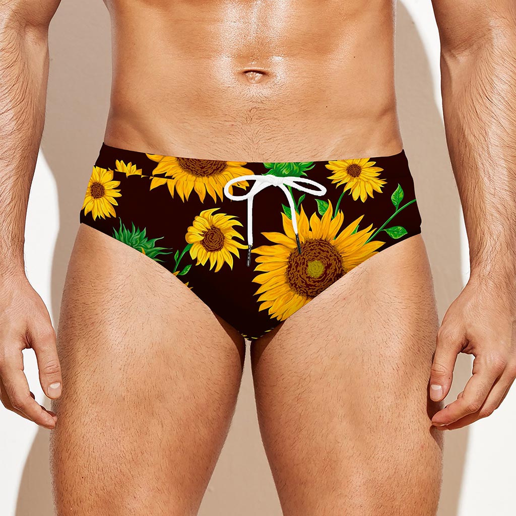 Brown Sunflower Pattern Print Men's Swim Briefs